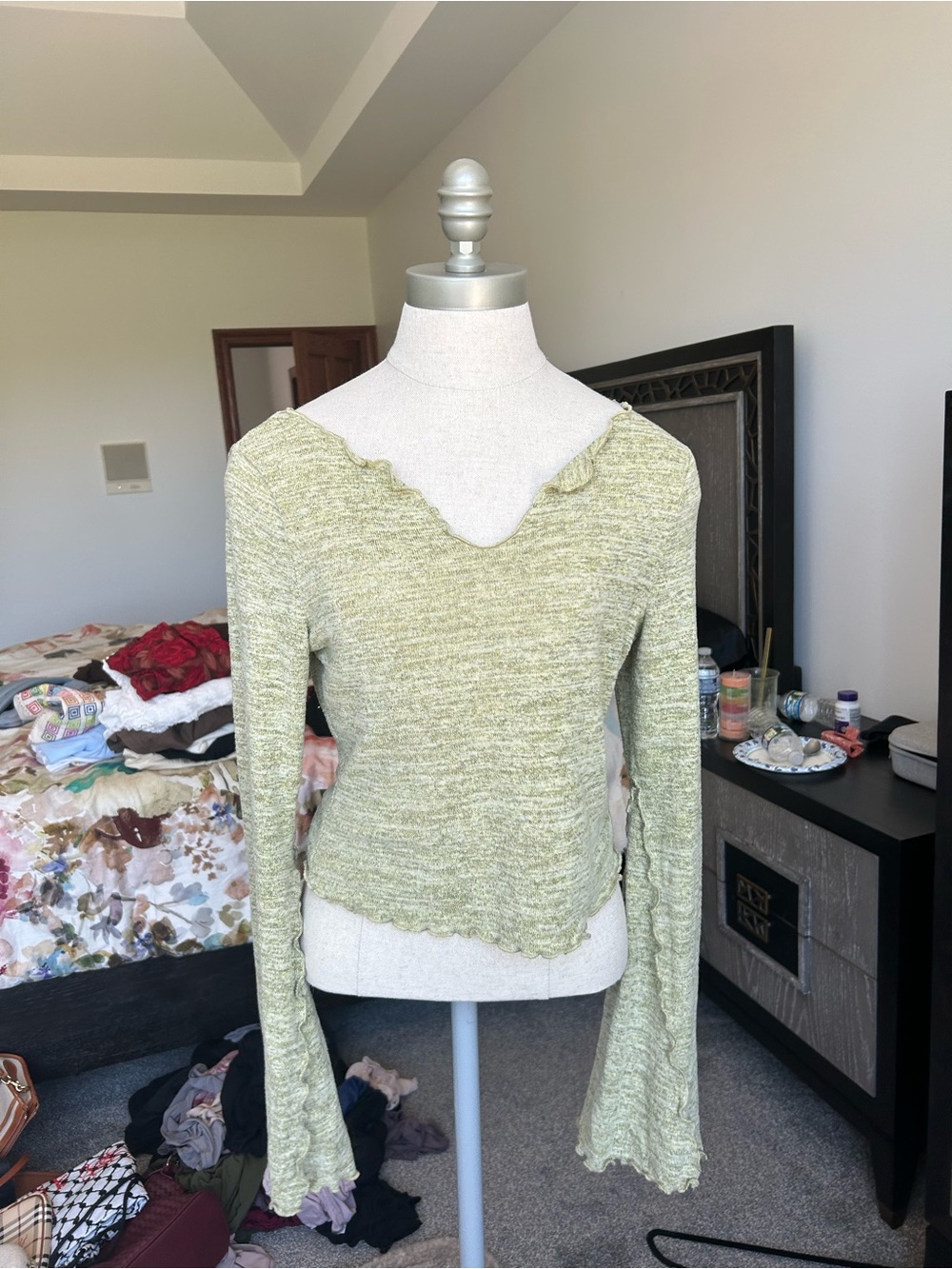 Light Green Knit Ruffled Hem Long Sleeve Top